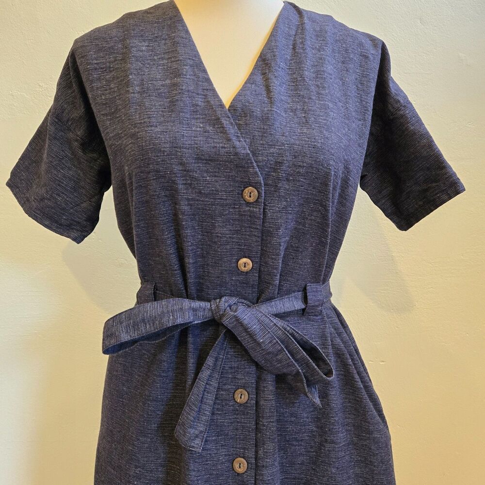 People Tree Dark Indigo Organic Cotton Belted Midi Dress US 6 Boho Sustainable - Picture 3 of 16
